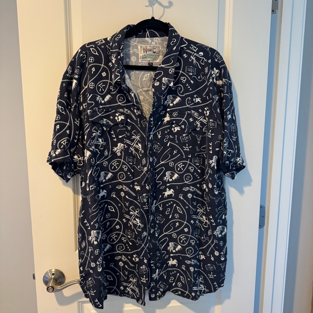 H Bar C Vintage Western Snap Button Shirt Short Sleeve Lasso Print